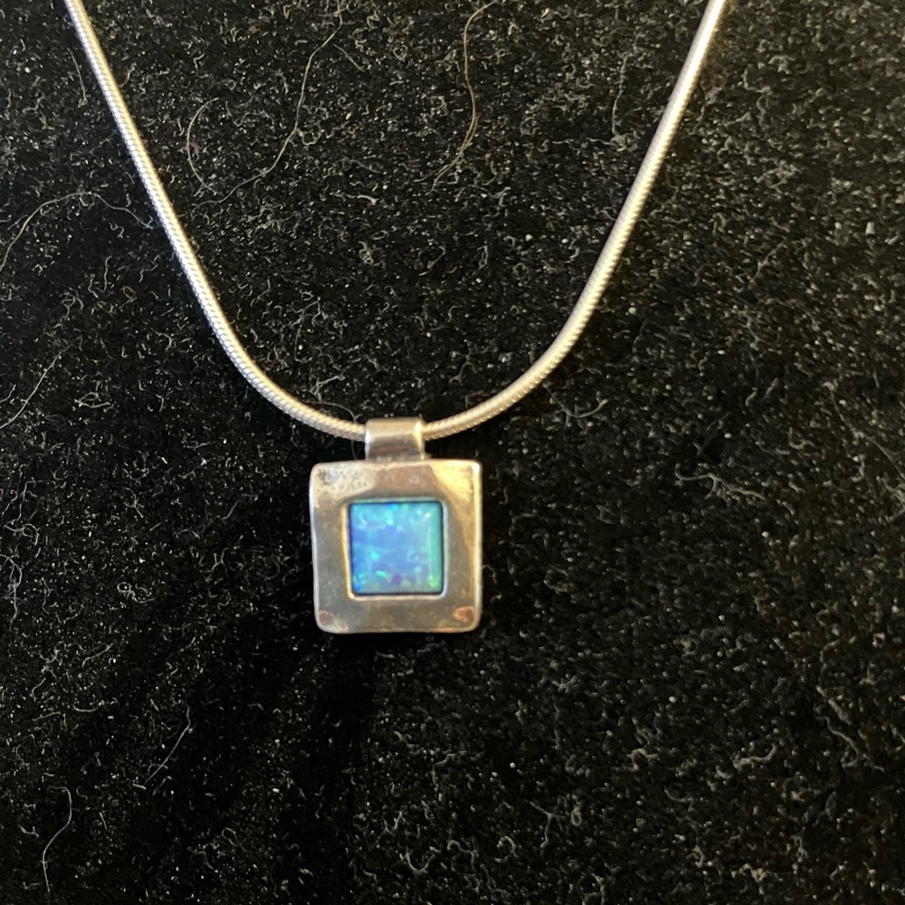 Sterling Silver Square Pendant Necklace with Blue Opal Inlay